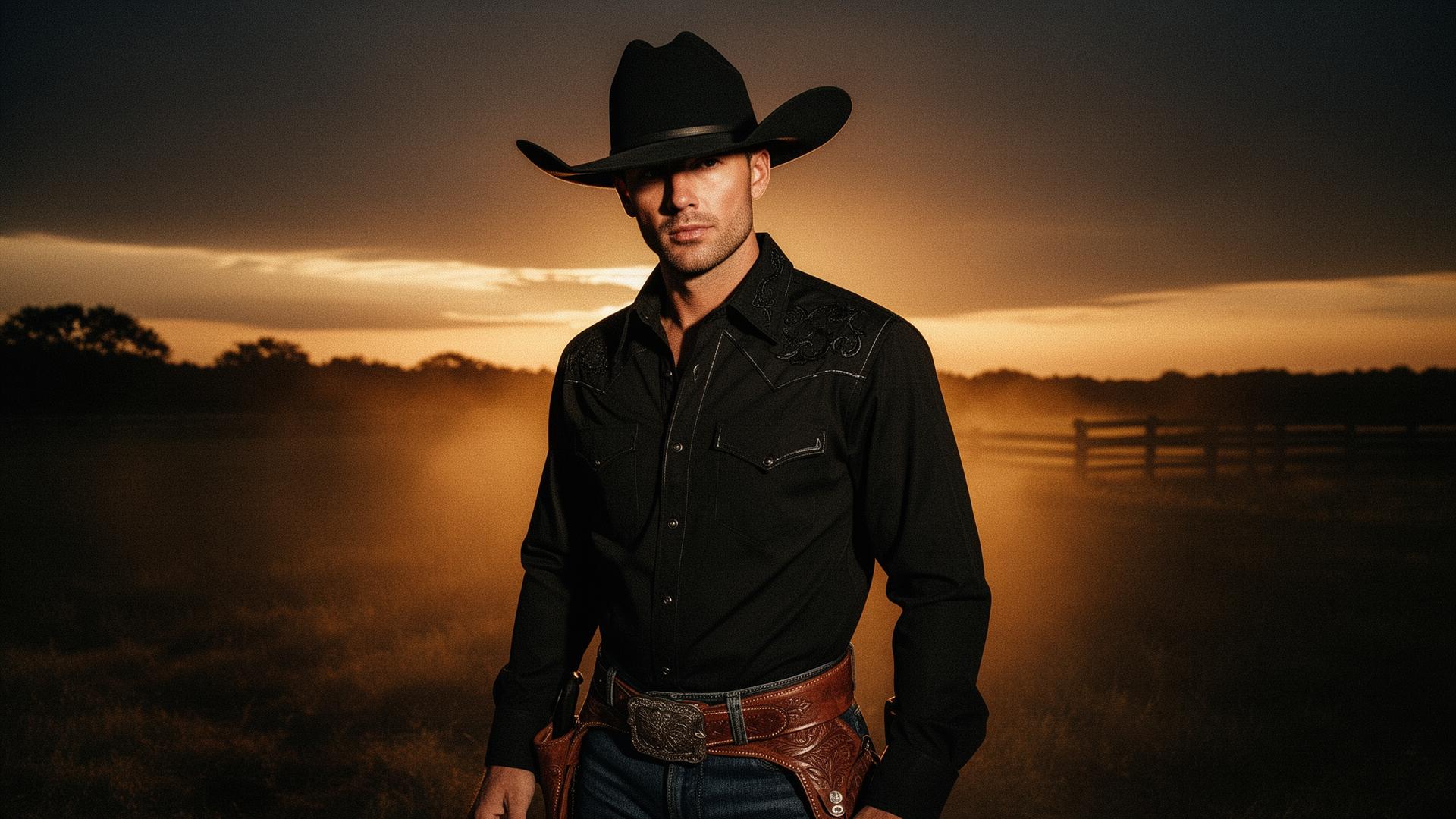 Cowboy moderno ao pôr do sol